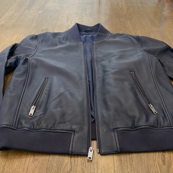 Saks Mens Navy Blue Leather Bomber - Picture 7 of 9